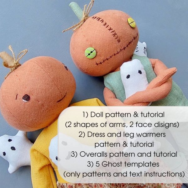 2-in-1 Pumpkin boy and girl sewing pattern, ghost pattern, funny halloween doll, 12" stuffed doll with clothes, rag doll, handmade halloween - Image 9